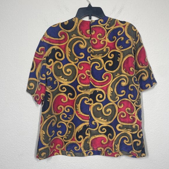 DG Studio Womens Size Large Silk Boxy Top Blouse Vintage Patterned Short Sleeves - Picture 2 of 7